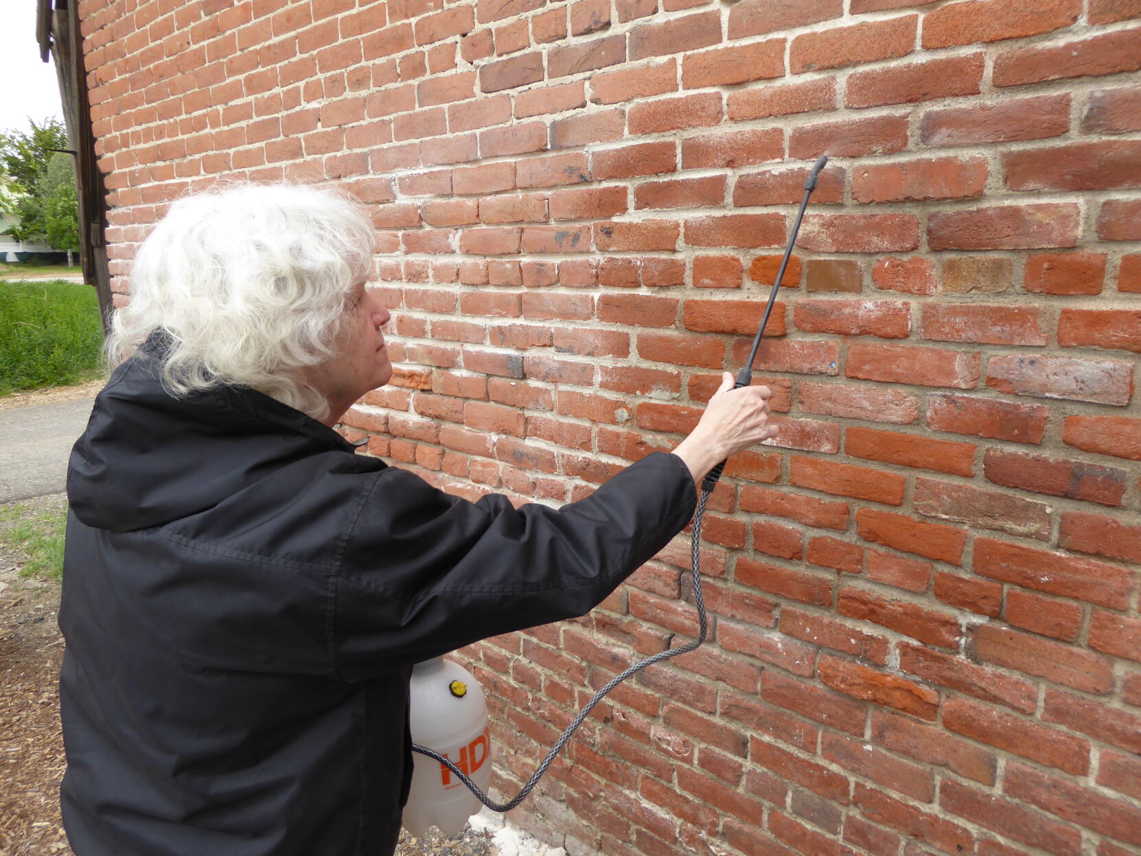 Cathy wets down where the big hole was bricked in.JPG